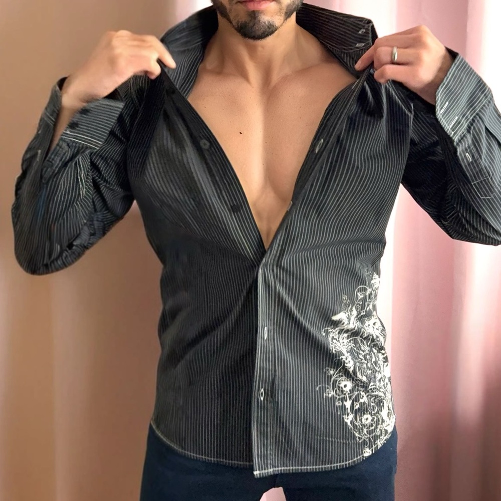 Men's Black Pinstripe Button-Up Shirt with White Floral Accent